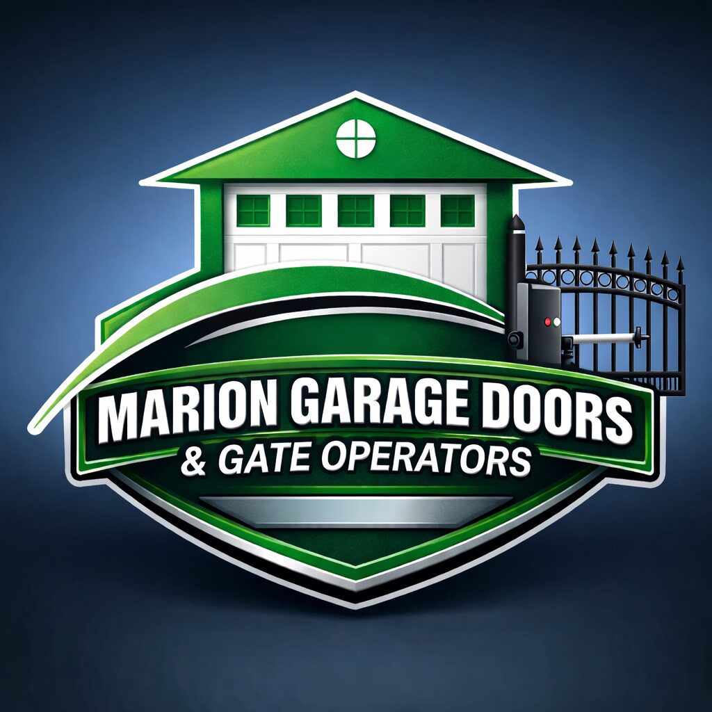 Logo of Marion Garage Doors & Gate Operators with a green garage and gate.
