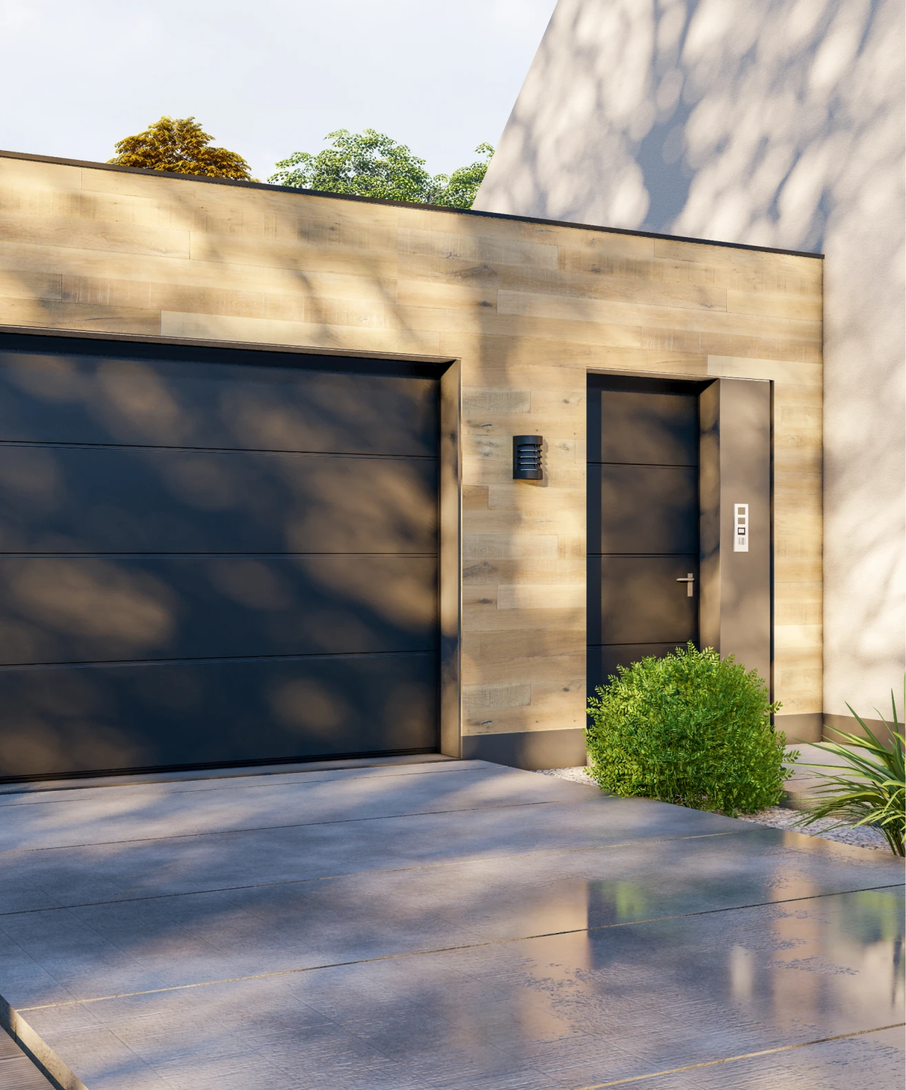 Contemporary house entrance with plants